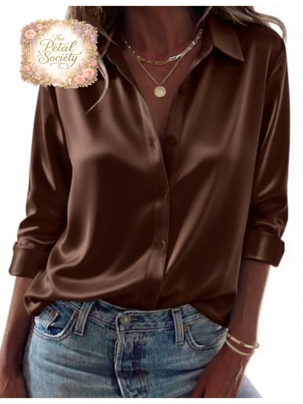 Satin Silk Long Sleeve Button Down Blouse V-Neck Loose Fit